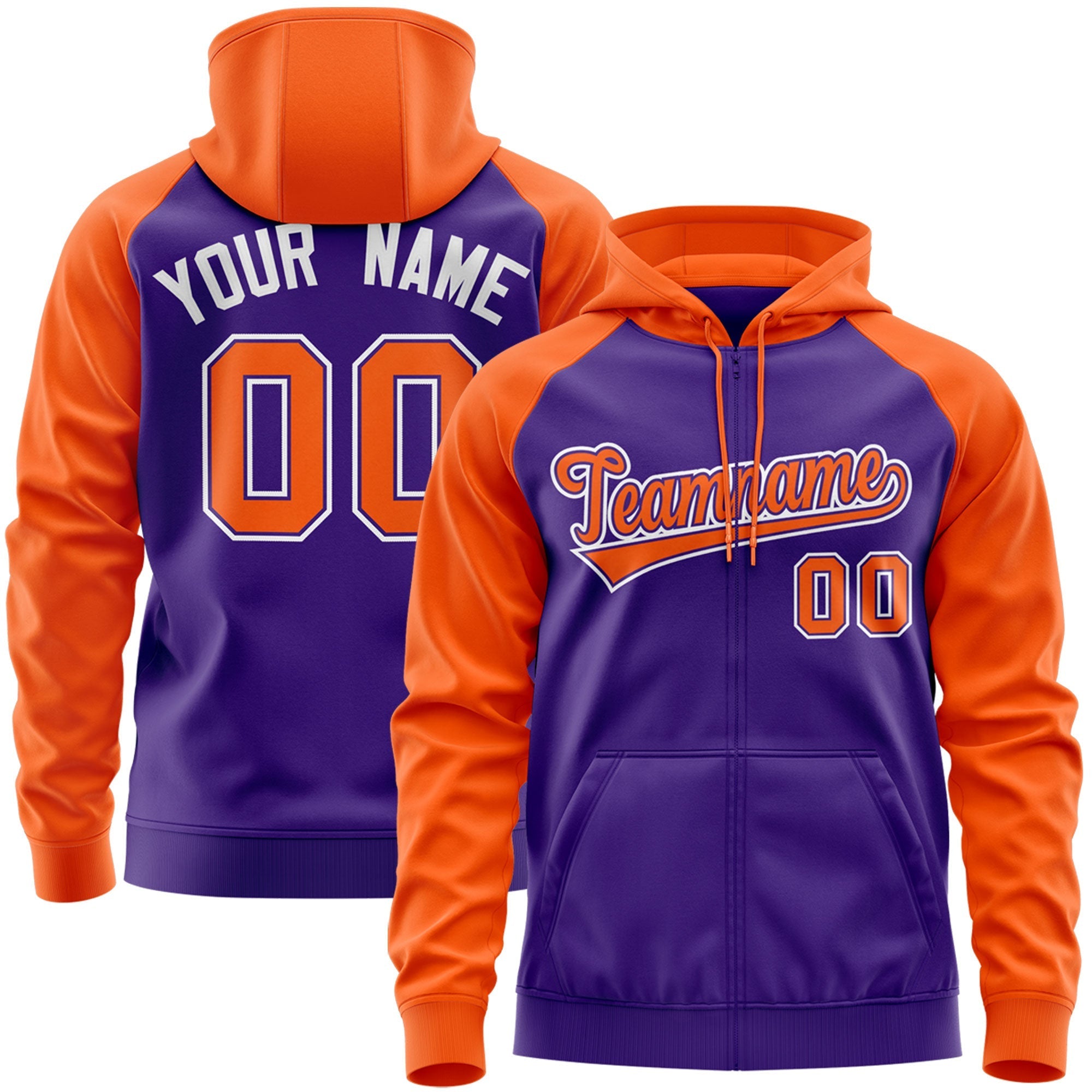 Custom Stitched Purple Orange Raglan Sleeves Sports Full-Zip Sweatshirt Hoodie| KXKSHOP
