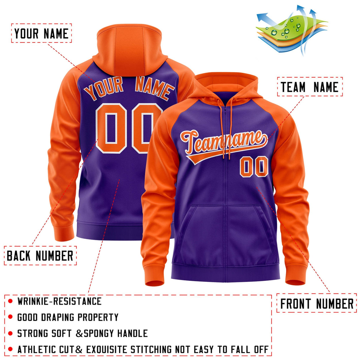 Custom Stitched Purple Orange Raglan Sleeves Sports Full-Zip Sweatshirt Hoodie| KXKSHOP