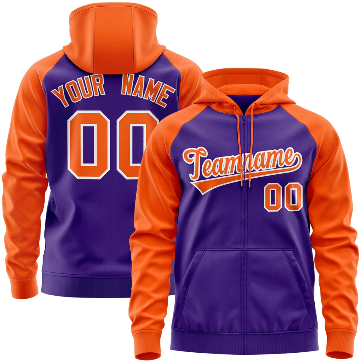 Custom Stitched Purple Orange Raglan Sleeves Sports Full-Zip Sweatshirt Hoodie| KXKSHOP