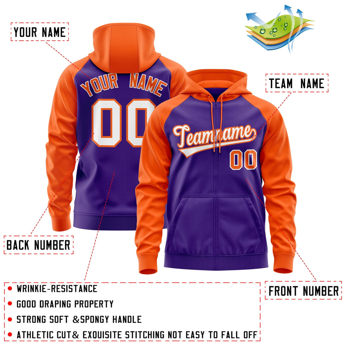 Custom Stitched Purple Orange Raglan Sleeves Sports Full-Zip Sweatshirt Hoodie| KXKSHOP