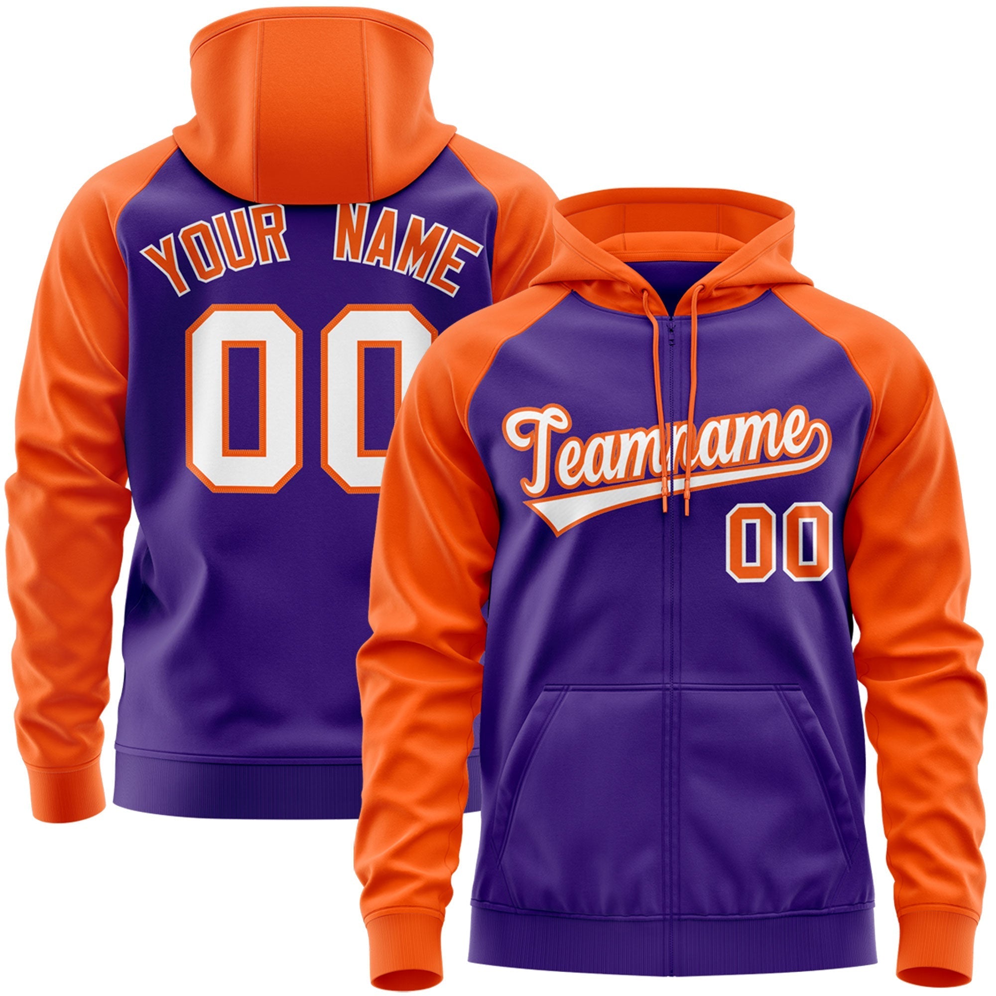 Custom Stitched Purple Orange Raglan Sleeves Sports Full-Zip Sweatshirt Hoodie| KXKSHOP
