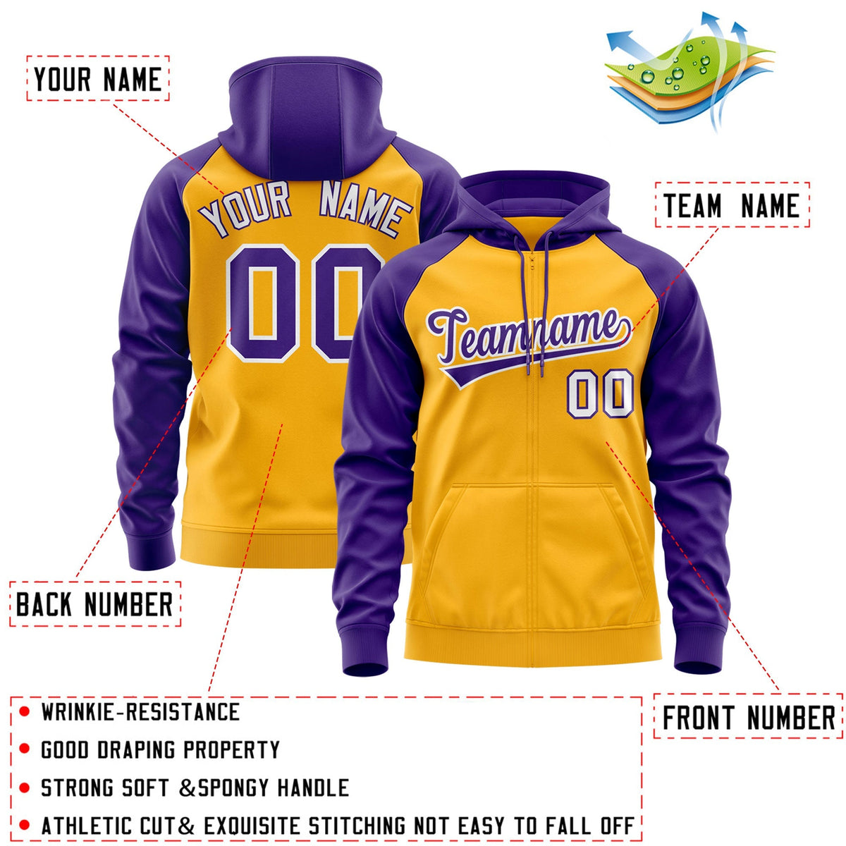 Custom Stitched Gold Purple-White Raglan Sleeves Sports Full-Zip Sweatshirt Hoodie| KXKSHOP