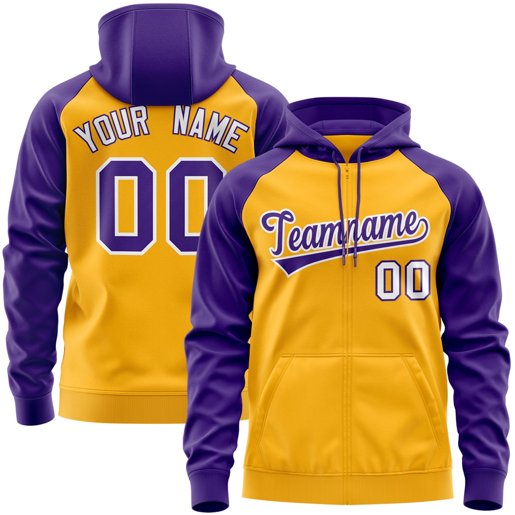 Custom Stitched Gold Purple-White Raglan Sleeves Sports Full-Zip Sweatshirt Hoodie| KXKSHOP
