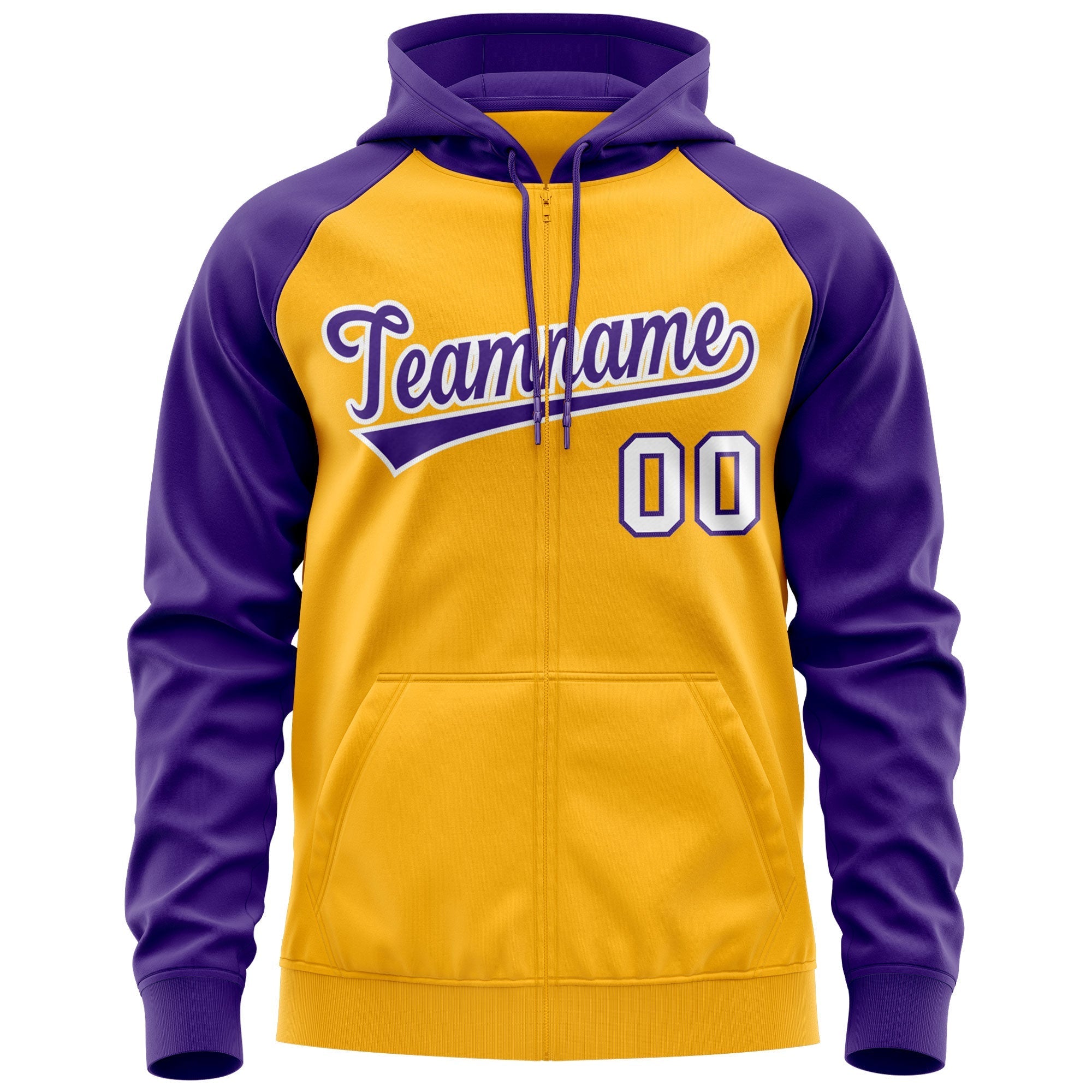 Custom Stitched Gold Purple-White Raglan Sleeves Sports Full-Zip Sweatshirt Hoodie| KXKSHOP