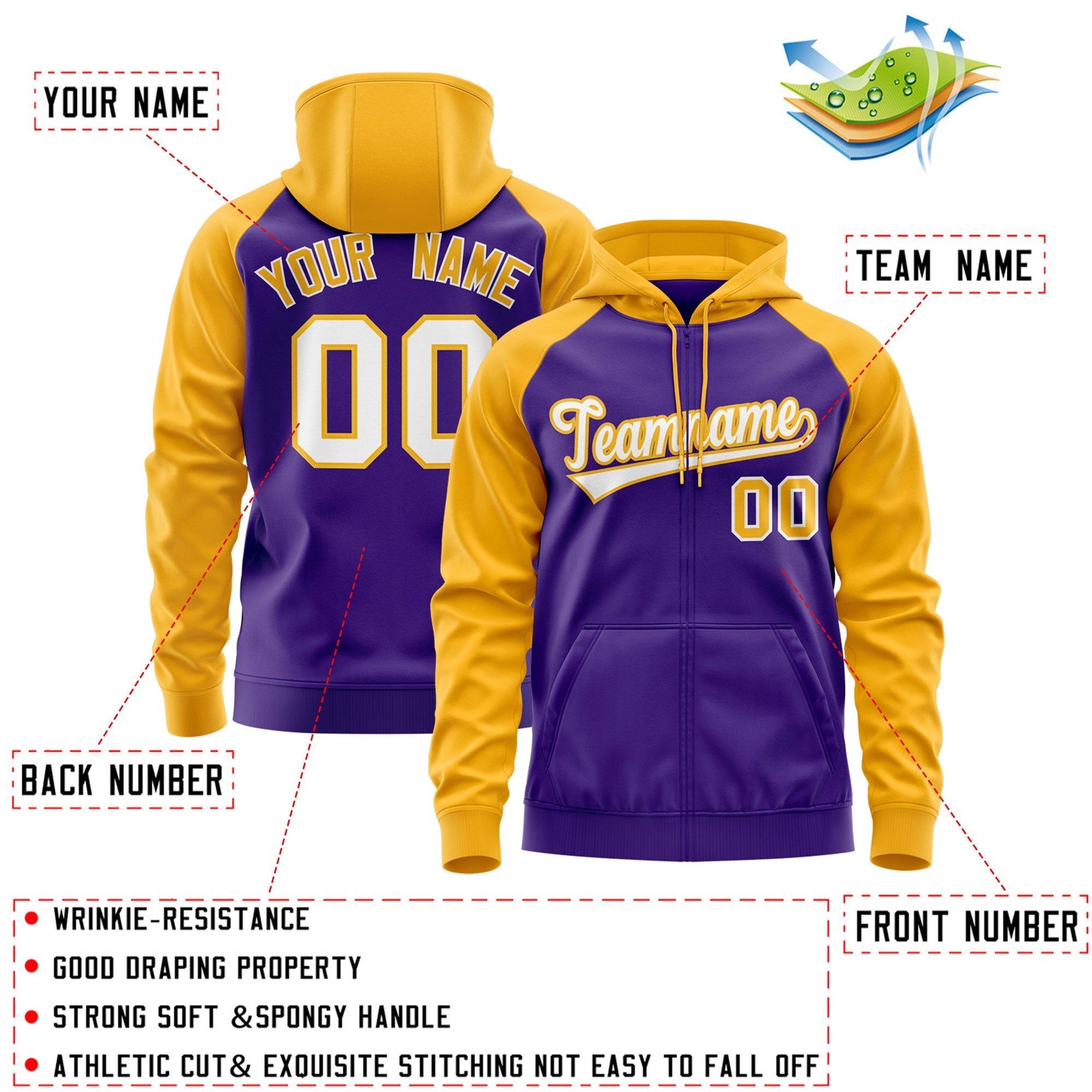 Custom Stitched Purple Gold Raglan Sleeves Sports Full-Zip Sweatshirt Hoodie| KXKSHOP