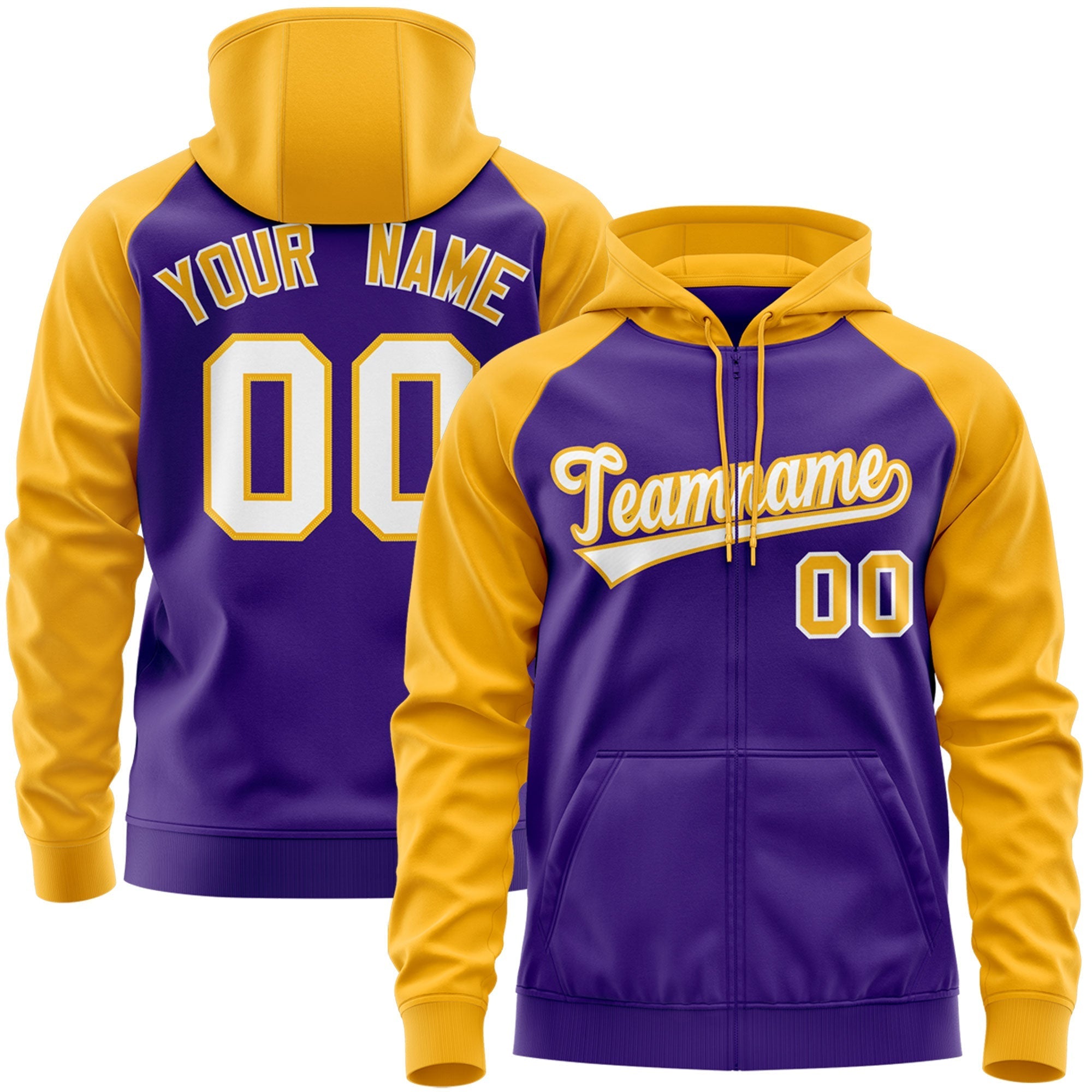 Custom Stitched Purple Gold Raglan Sleeves Sports Full-Zip Sweatshirt Hoodie| KXKSHOP