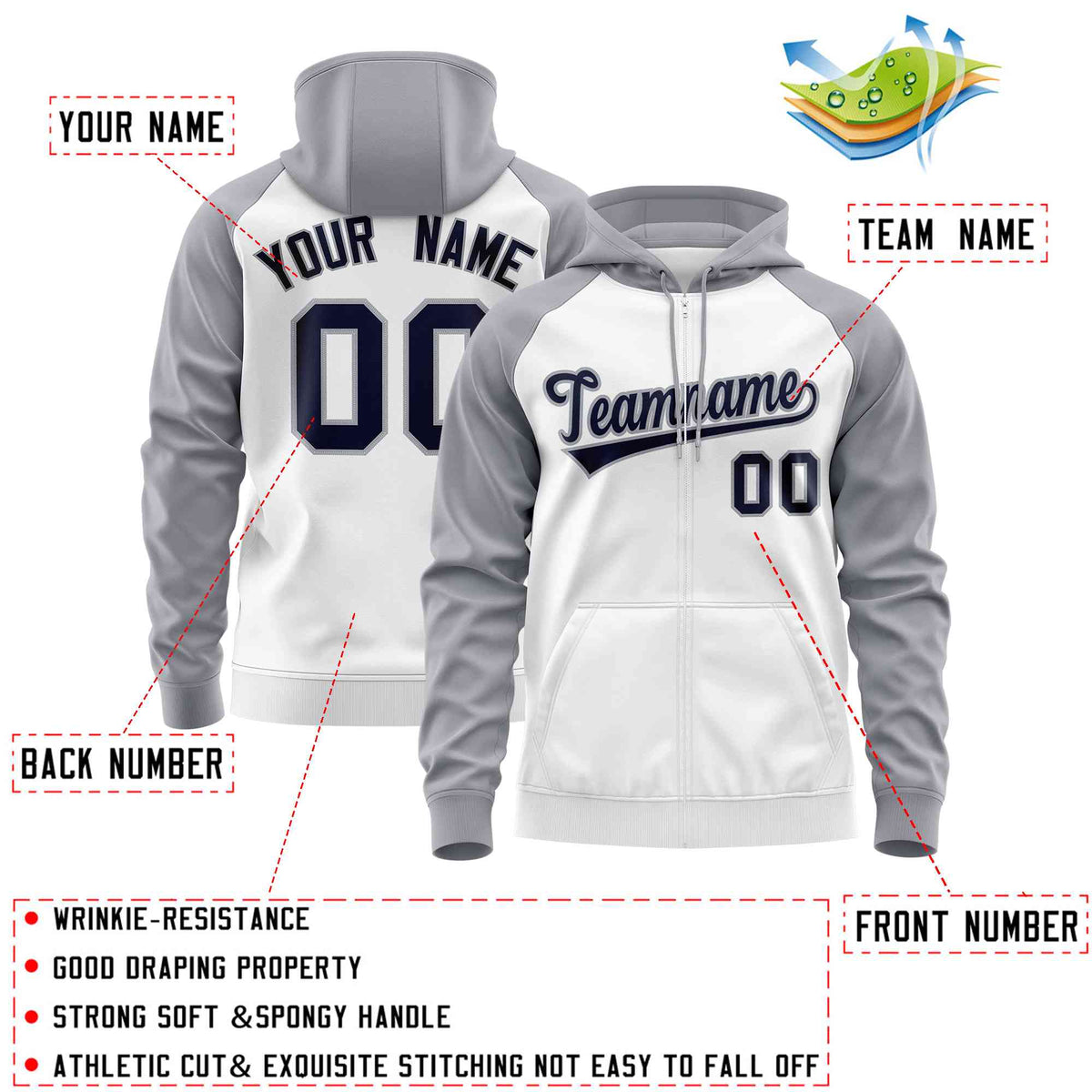 Custom Stitched White Light Gray-Navy Raglan Sleeves Sports Full-Zip Sweatshirt Hoodie| KXKSHOP