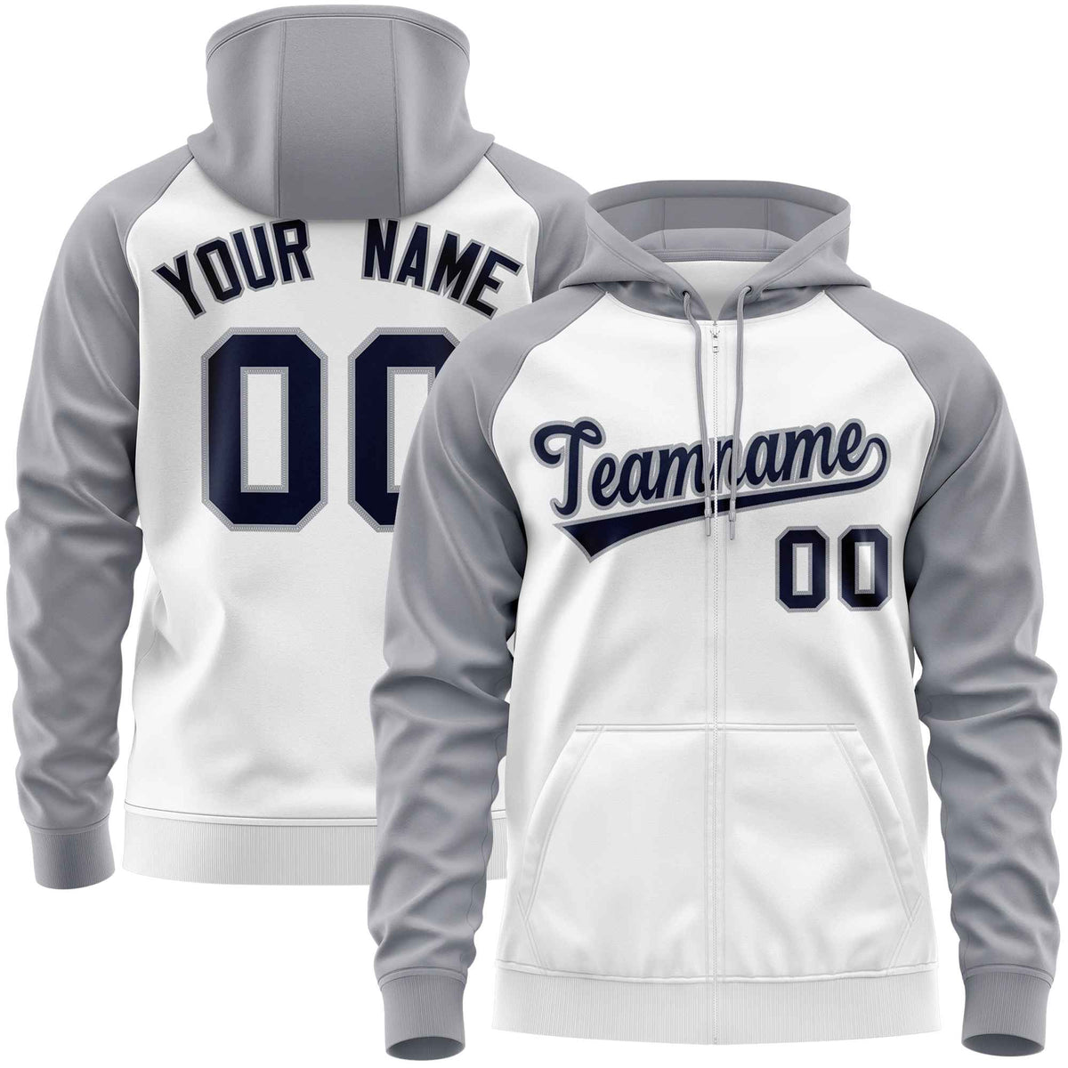 Custom Stitched White Light Gray-Navy Raglan Sleeves Sports Full-Zip Sweatshirt Hoodie| KXKSHOP