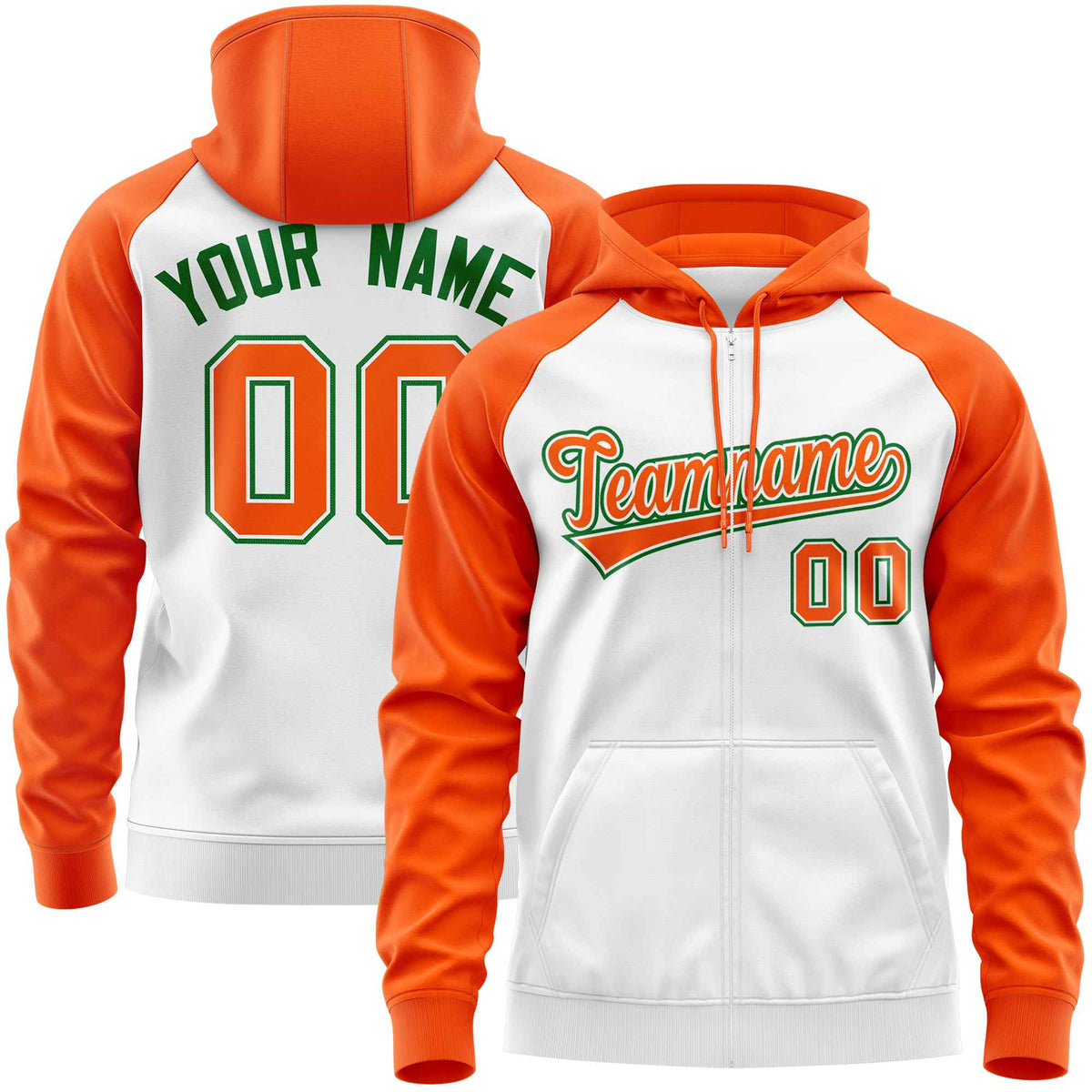 Custom Stitched White Orange Raglan Sleeves Sports Full-Zip Sweatshirt Hoodie| KXKSHOP
