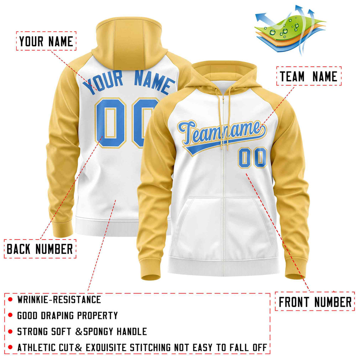 Custom Stitched White Yellow-Powder Blue Raglan Sleeves Sports Full-Zip Sweatshirt Hoodie| KXKSHOP