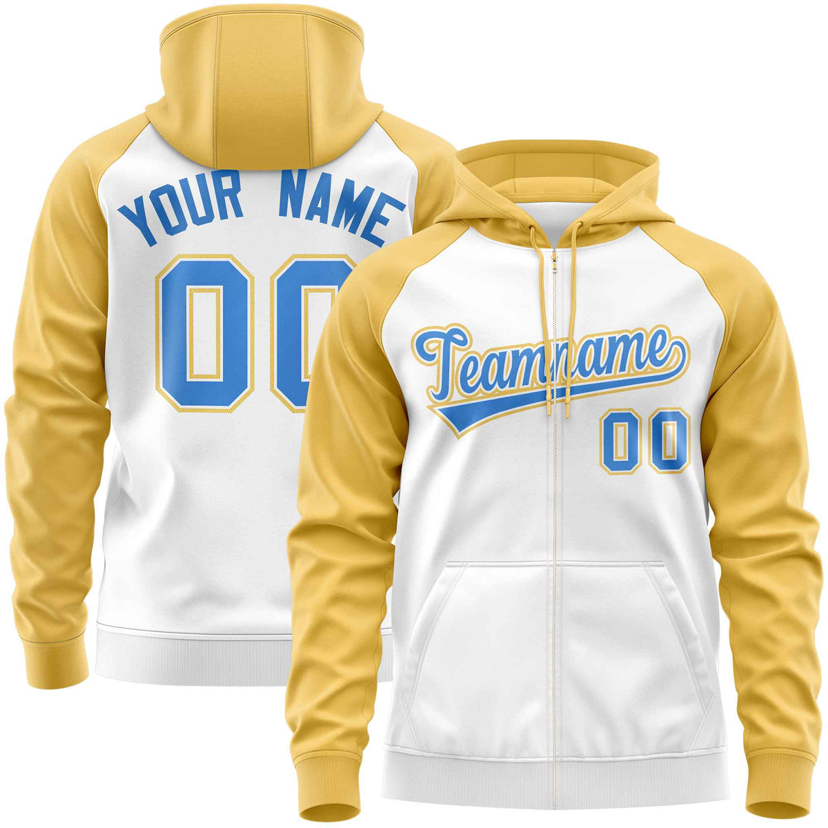Custom Stitched White Yellow-Powder Blue Raglan Sleeves Sports Full-Zip Sweatshirt Hoodie| KXKSHOP
