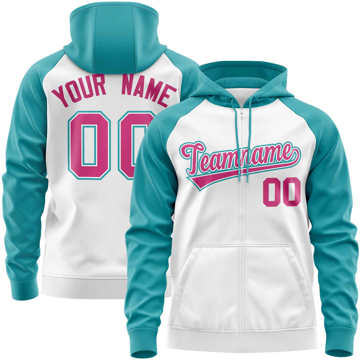Custom Stitched White Aqua-Rose Red Raglan Sleeves Sports Full-Zip Sweatshirt Hoodie| KXKSHOP