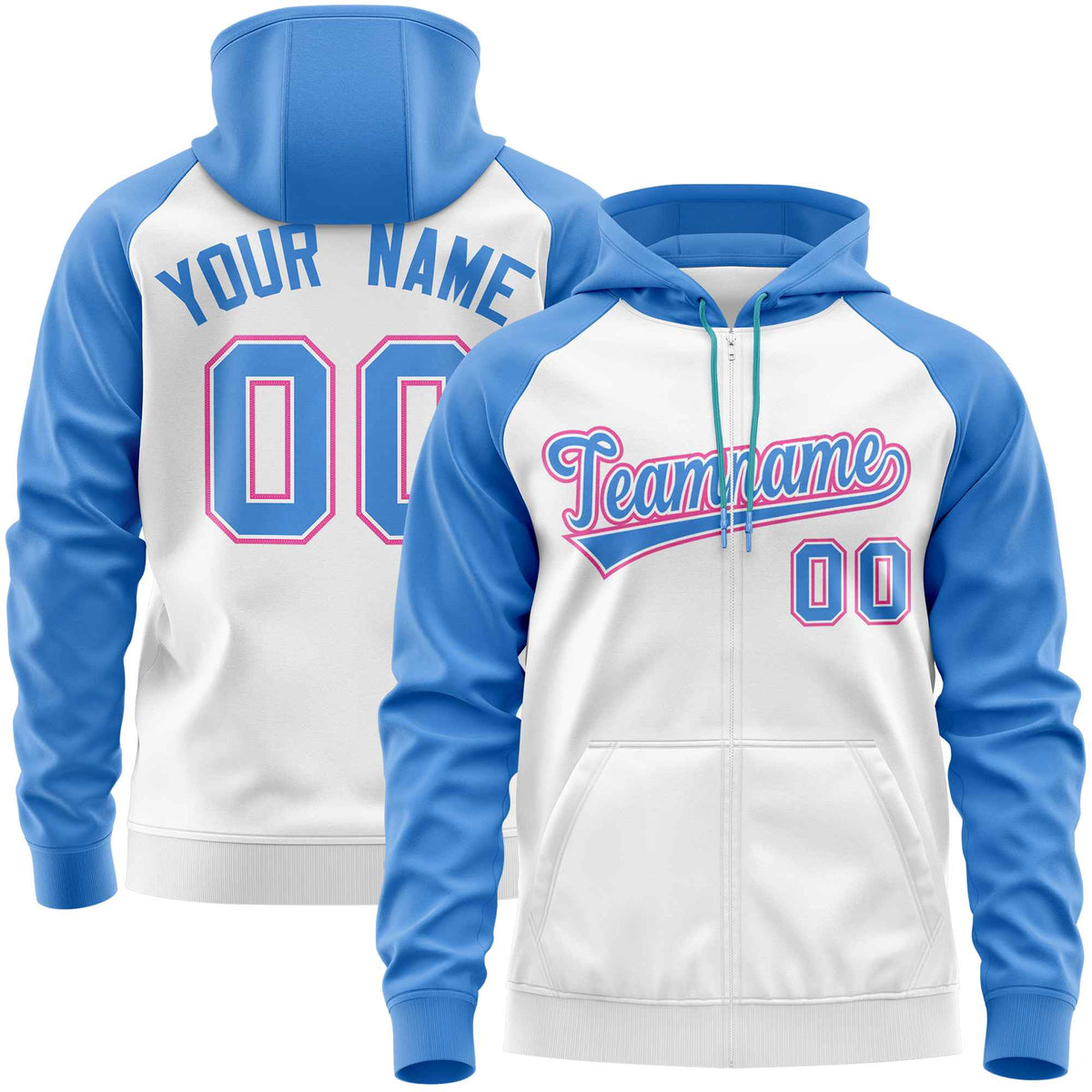 Custom Stitched White Powder Blue Raglan Sleeves Sports Full-Zip Sweatshirt Hoodie| KXKSHOP