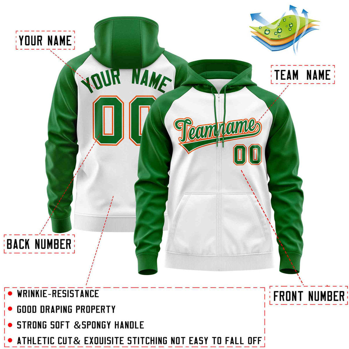 Custom Stitched White Kelly Green Raglan Sleeves Sports Full-Zip Sweatshirt Hoodie| KXKSHOP