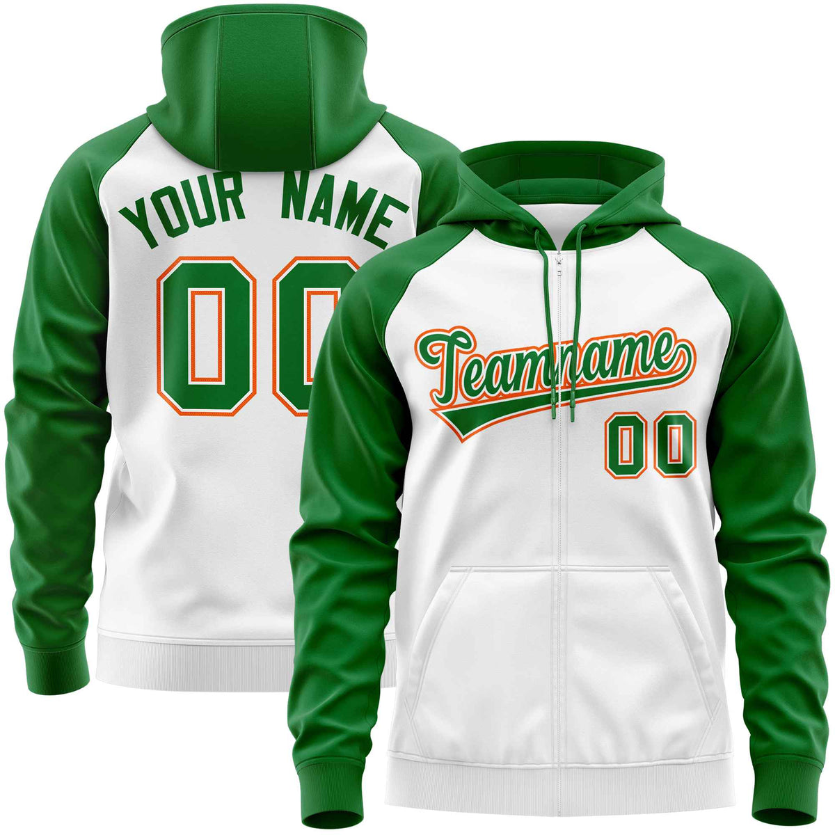Custom Stitched White Kelly Green Raglan Sleeves Sports Full-Zip Sweatshirt Hoodie| KXKSHOP