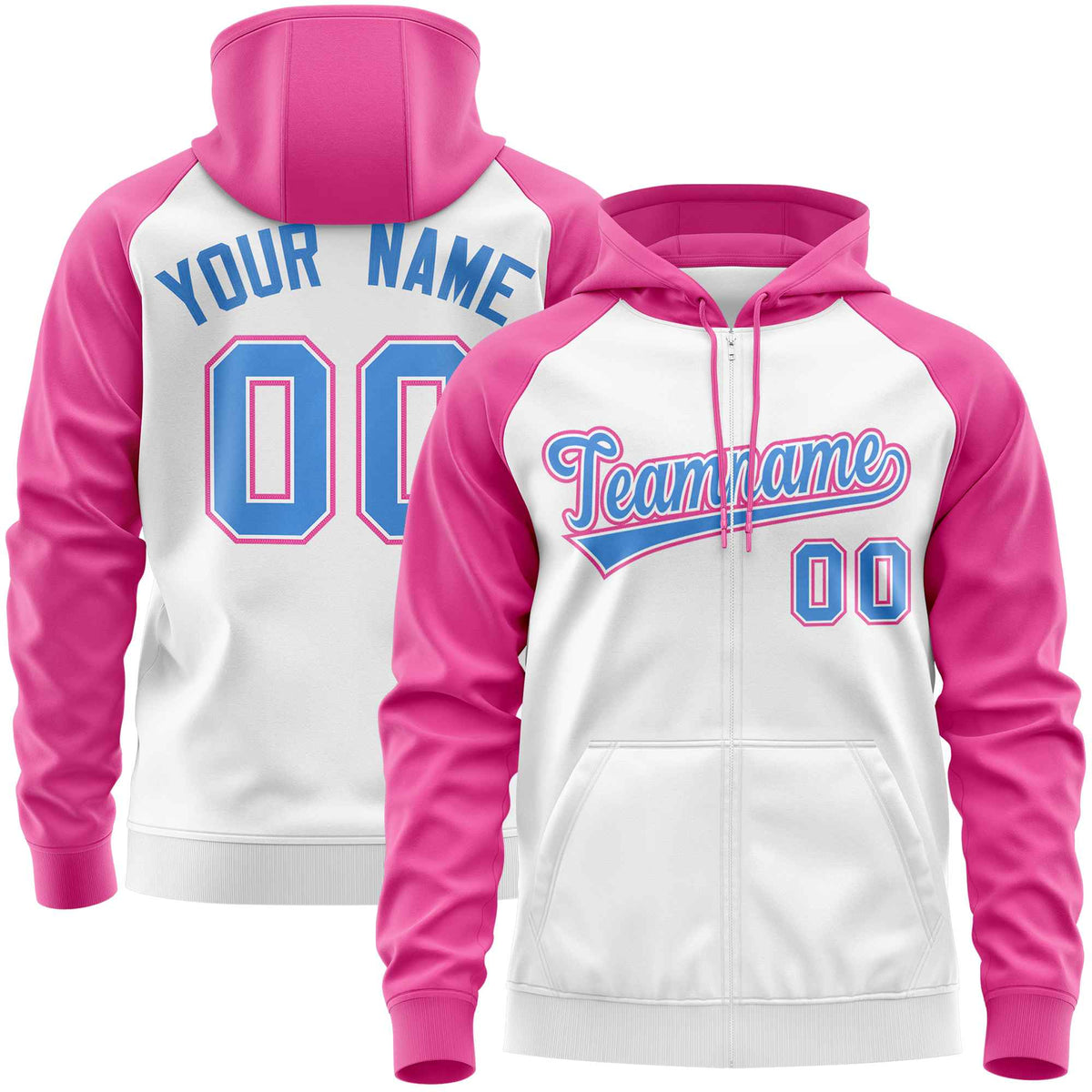 Custom Stitched White Pink-Powder Blue Raglan Sleeves Sports Full-Zip Sweatshirt Hoodie| KXKSHOP