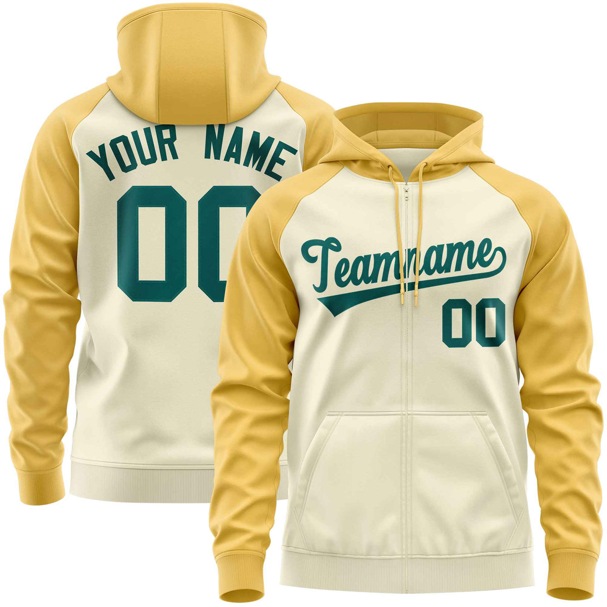 Custom Stitched Cream Yellow-Aqua Raglan Sleeves Sports Full-Zip Sweatshirt Hoodie| KXKSHOP