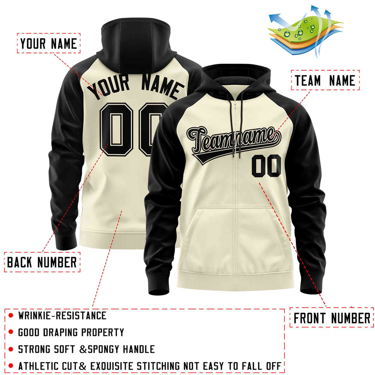 Custom Stitched Cream Black Raglan Sleeves Sports Full-Zip Sweatshirt Hoodie| KXKSHOP