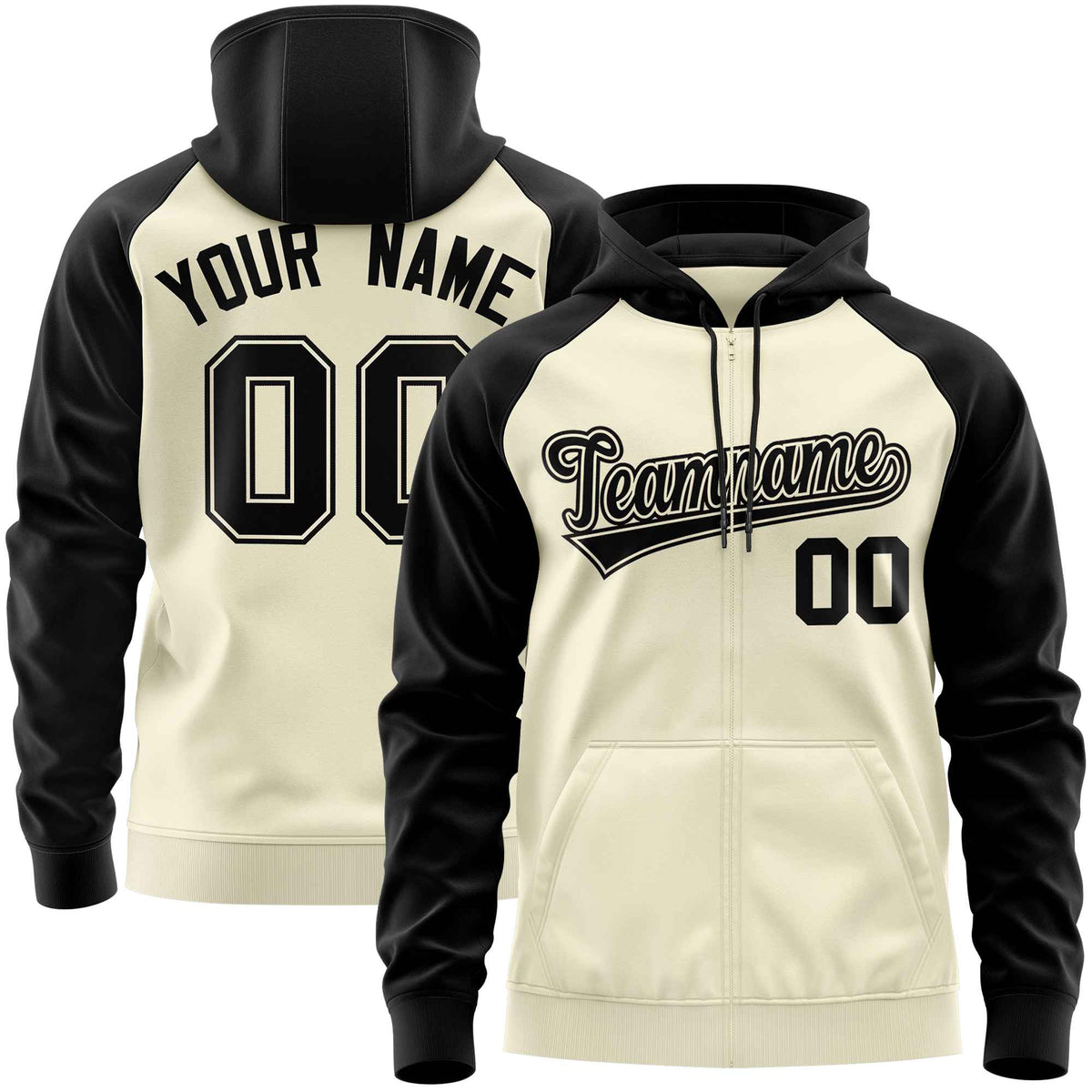 Custom Stitched Cream Black Raglan Sleeves Sports Full-Zip Sweatshirt Hoodie| KXKSHOP