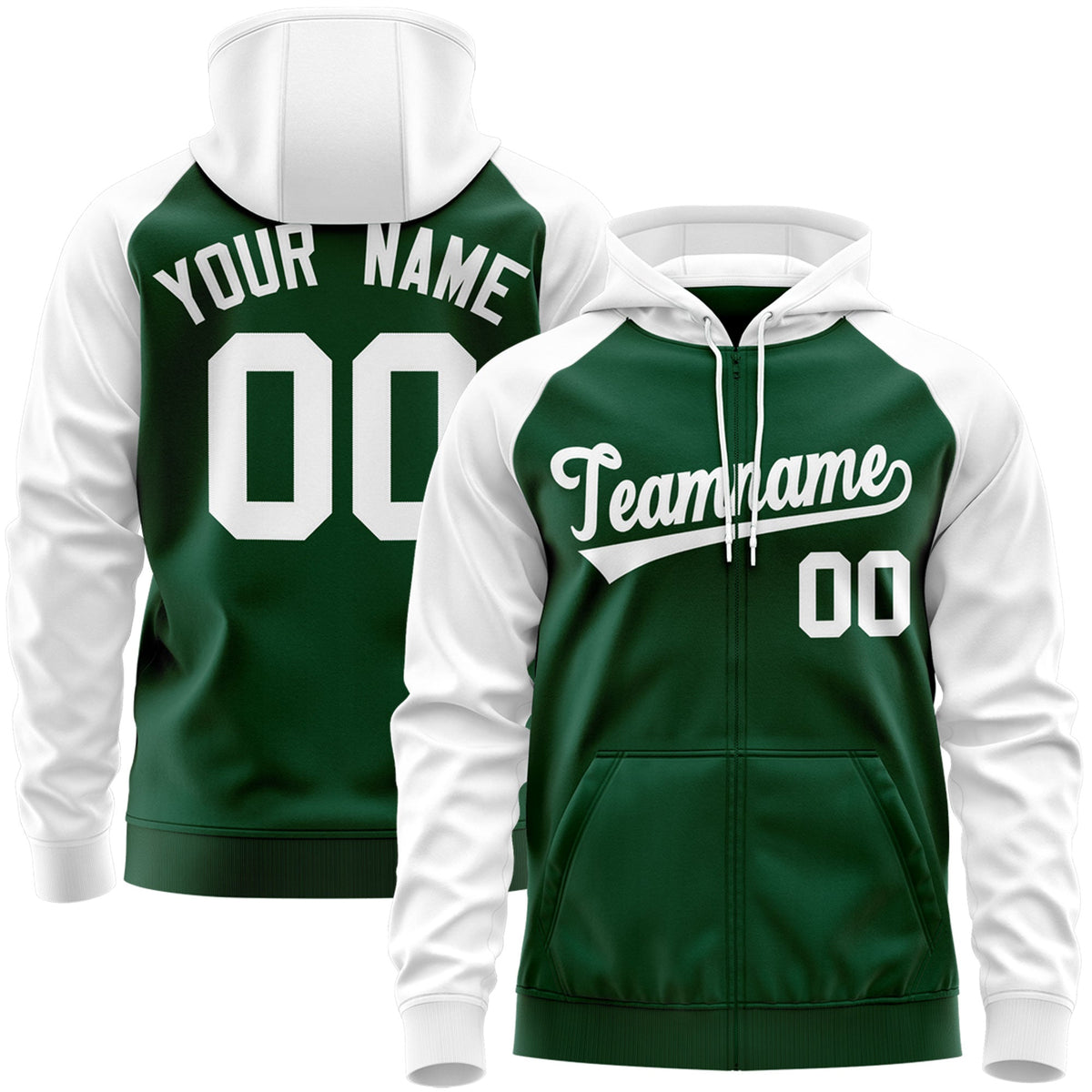 Custom Stitched Green White Raglan Sleeves Sports Full-Zip Sweatshirt Hoodie| KXKSHOP