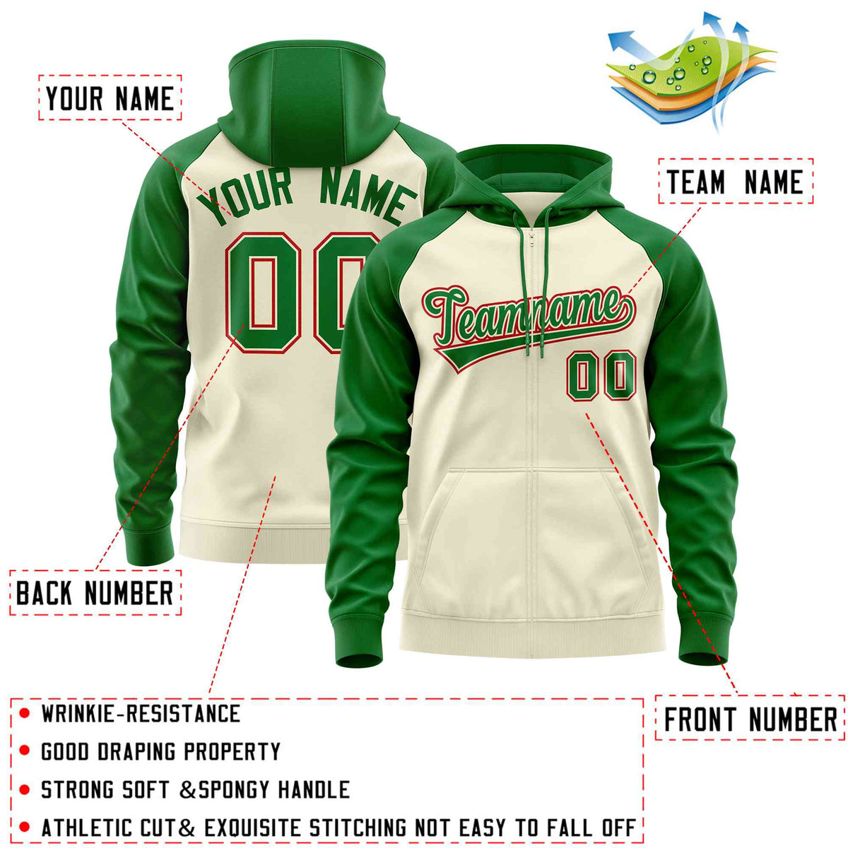 Custom Stitched Cream Kelly Green Raglan Sleeves Sports Full-Zip Sweatshirt Hoodie| KXKSHOP