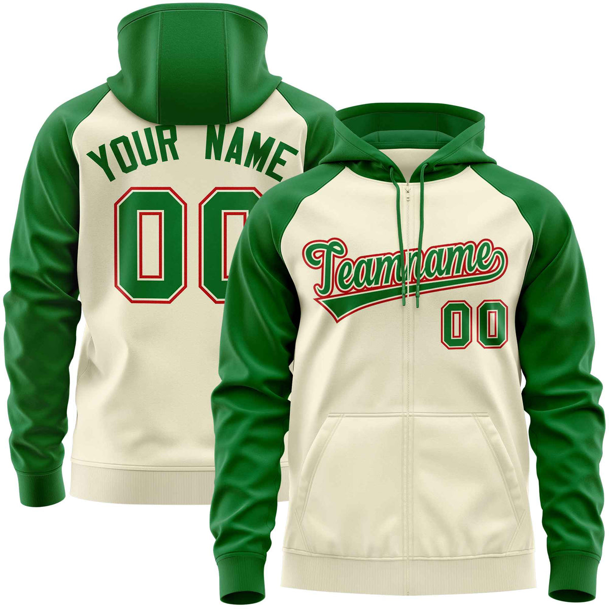 Custom Stitched Cream Kelly Green Raglan Sleeves Sports Full-Zip Sweatshirt Hoodie| KXKSHOP