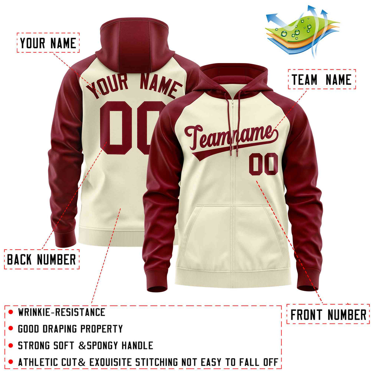 Custom Stitched Cream Crimson Raglan Sleeves Sports Full-Zip Sweatshirt Hoodie| KXKSHOP
