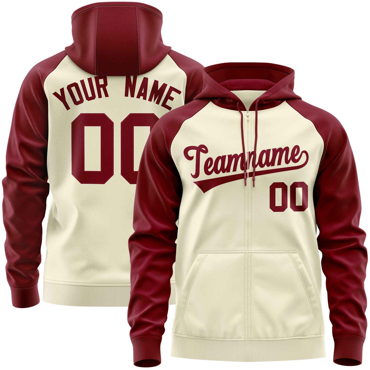 Custom Stitched Cream Crimson Raglan Sleeves Sports Full-Zip Sweatshirt Hoodie| KXKSHOP
