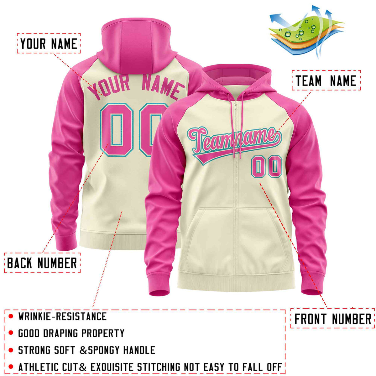Custom Stitched Cream Pink Raglan Sleeves Sports Full-Zip Sweatshirt Hoodie| KXKSHOP