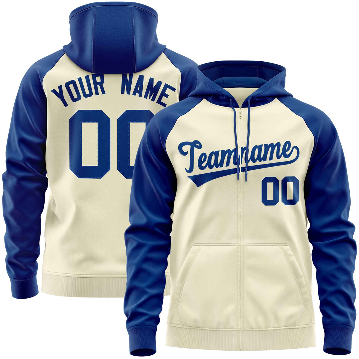 Custom Stitched Cream Royal Raglan Sleeves Sports Full-Zip Sweatshirt Hoodie| KXKSHOP