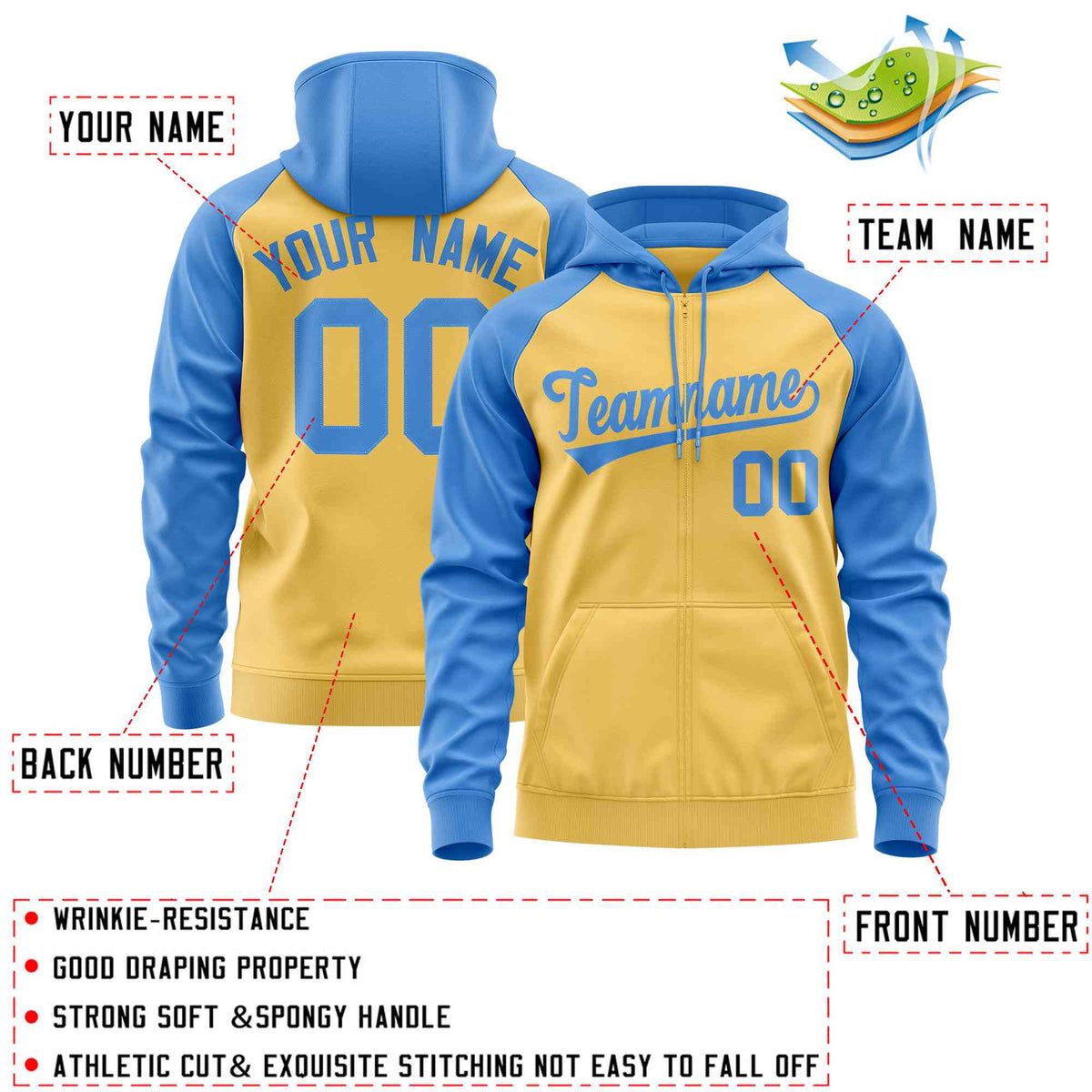 Custom Stitched Yellow Powder Blue Raglan Sleeves Sports Full-Zip Sweatshirt Hoodie| KXKSHOP