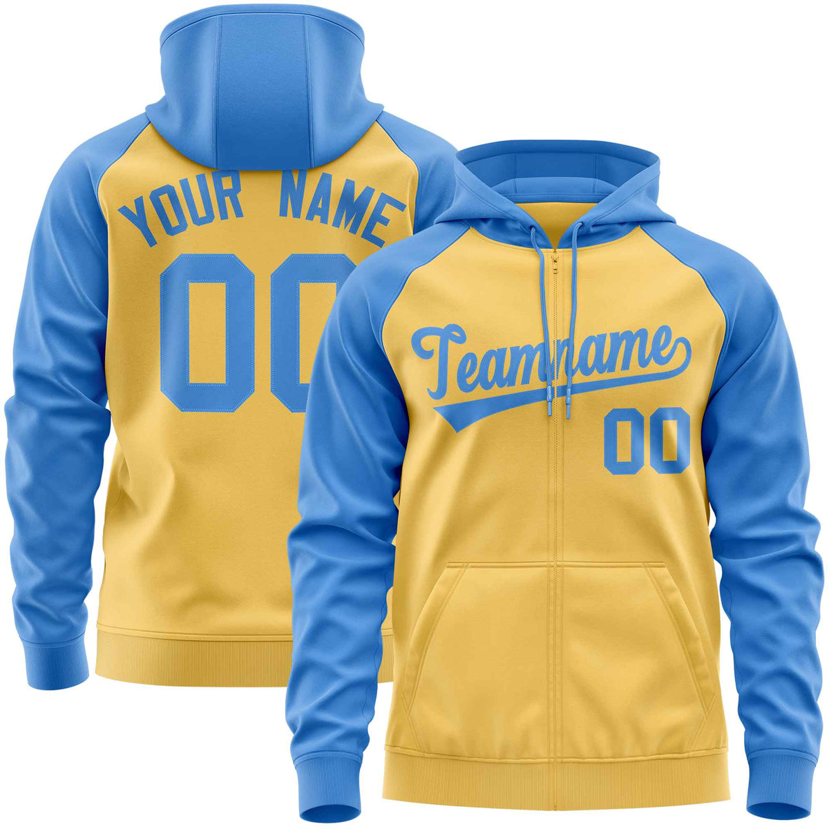 Custom Stitched Yellow Powder Blue Raglan Sleeves Sports Full-Zip Sweatshirt Hoodie| KXKSHOP