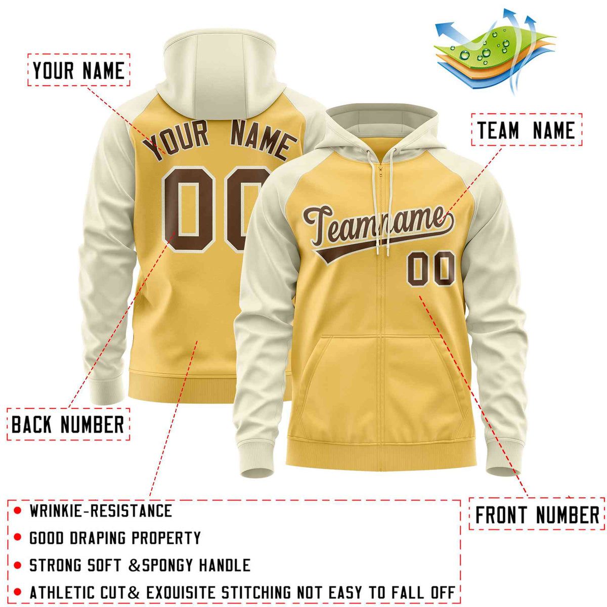 Custom Stitched Yellow Cream-Light Brown Raglan Sleeves Sports Full-Zip Sweatshirt Hoodie| KXKSHOP