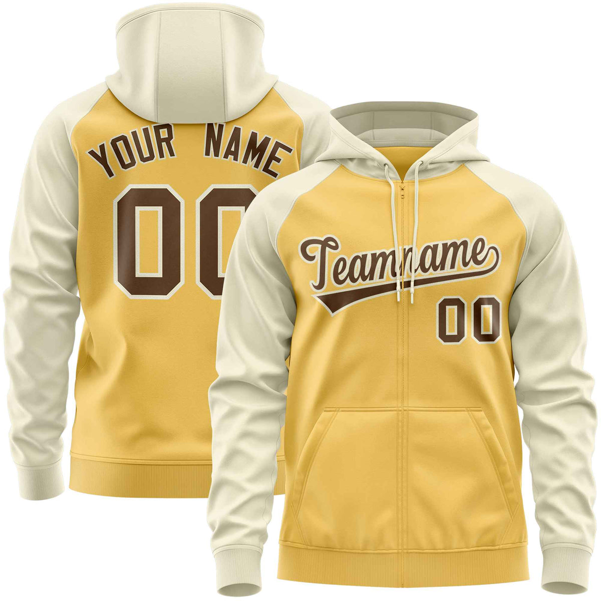 Custom Stitched Yellow Cream-Light Brown Raglan Sleeves Sports Full-Zip Sweatshirt Hoodie| KXKSHOP