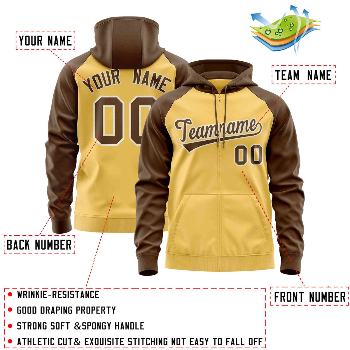 Custom Stitched Yellow Light Brown Raglan Sleeves Sports Full-Zip Sweatshirt Hoodie| KXKSHOP