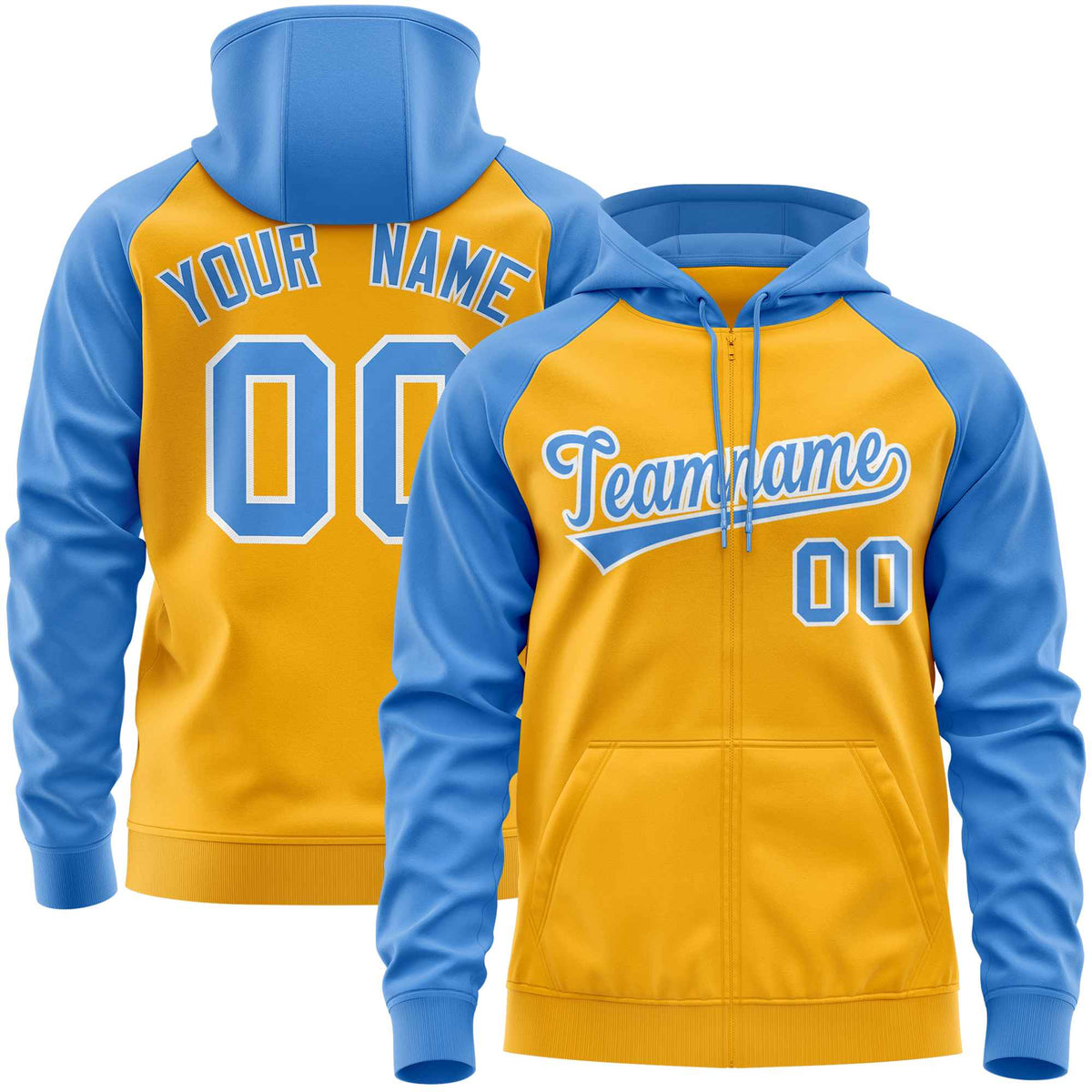 Custom Stitched Gold Powder Blue Raglan Sleeves Sports Full-Zip Sweatshirt Hoodie| KXKSHOP