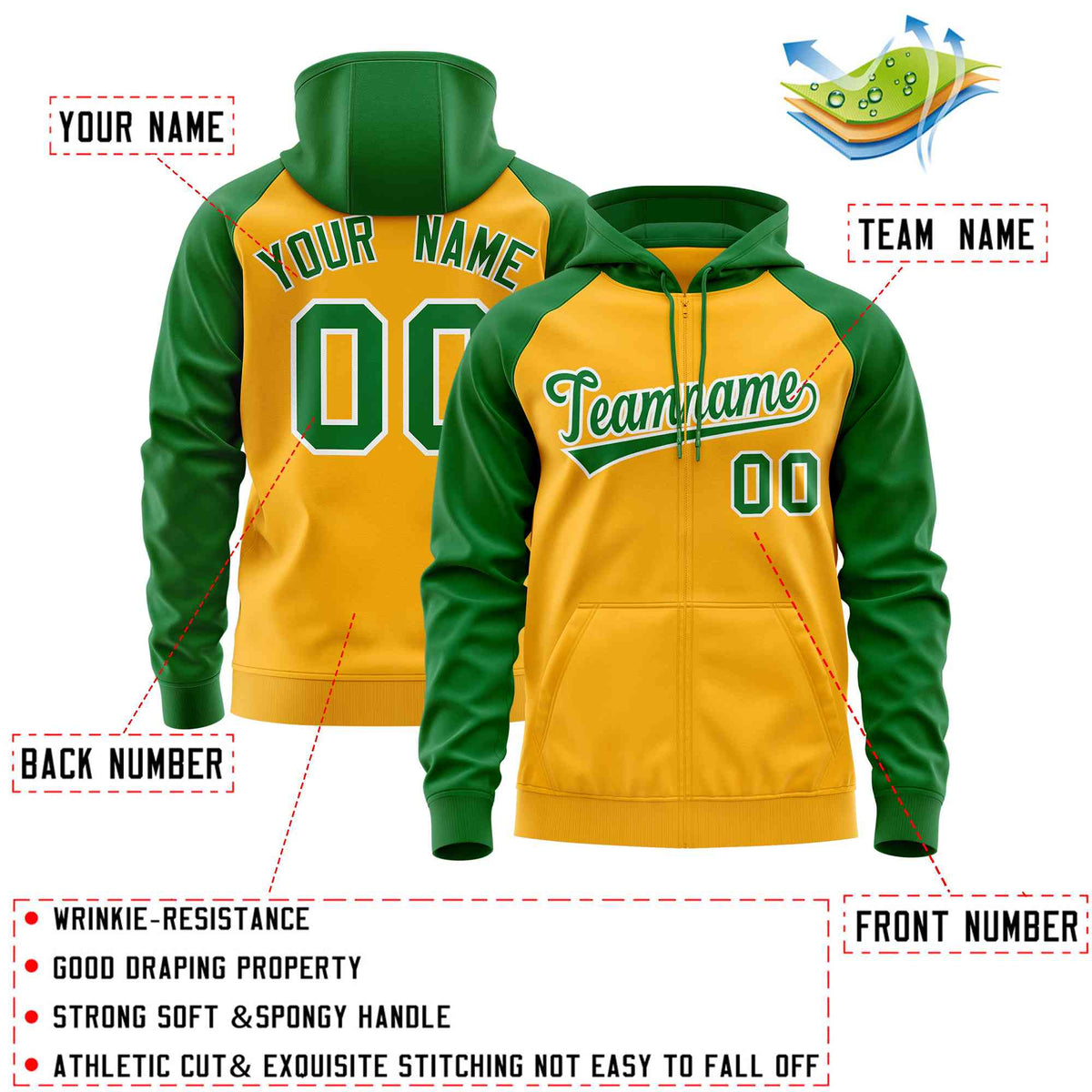 Custom Stitched Gold Kelly Green Raglan Sleeves Sports Full-Zip Sweatshirt Hoodie| KXKSHOP