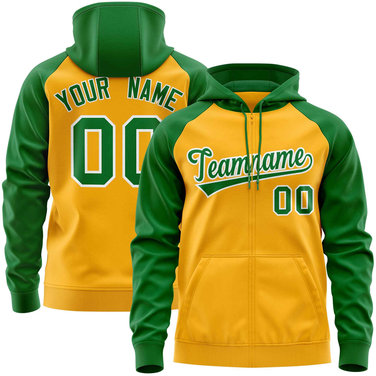 Custom Stitched Gold Kelly Green Raglan Sleeves Sports Full-Zip Sweatshirt Hoodie| KXKSHOP