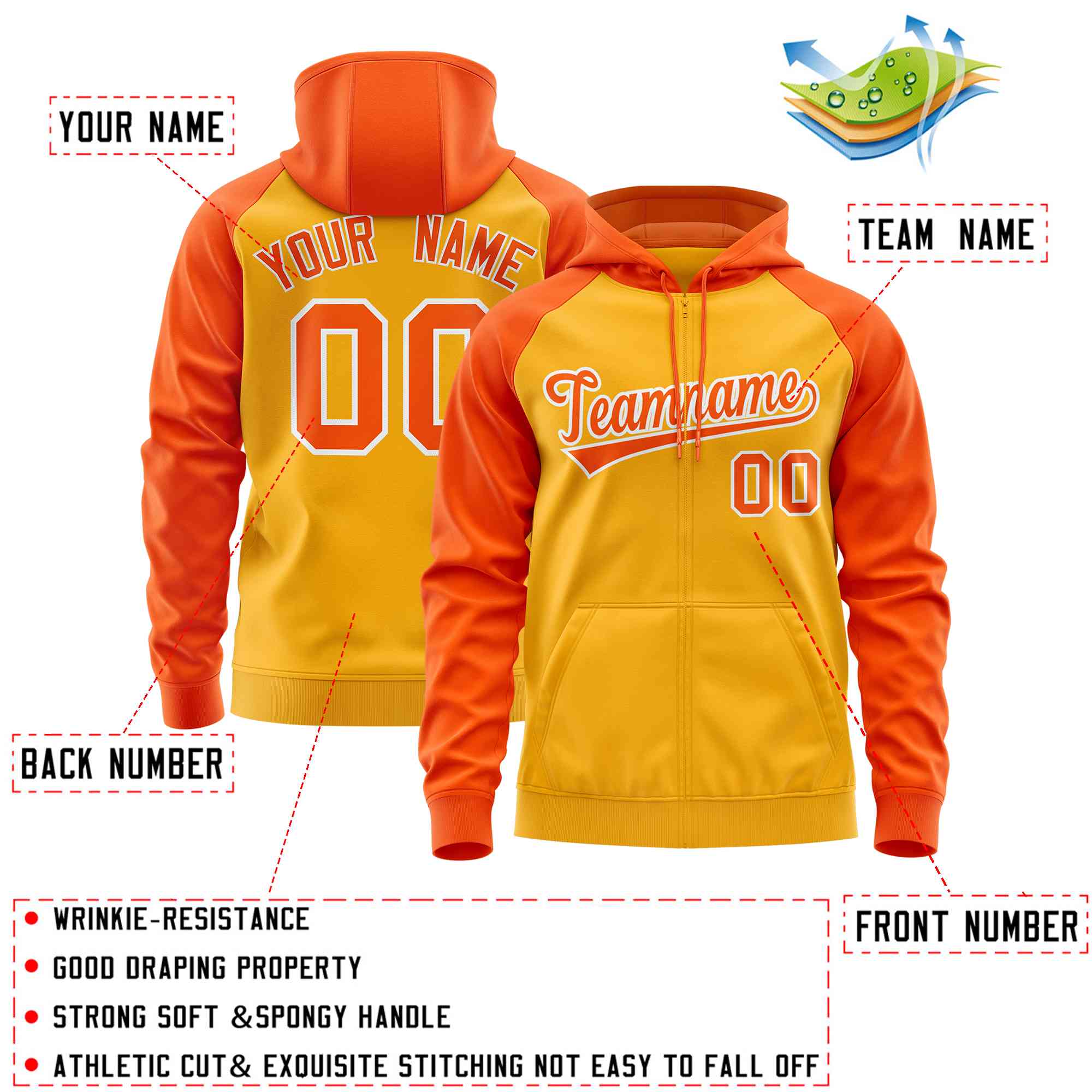 Custom Stitched Gold Orange Raglan Sleeves Sports Full-Zip Sweatshirt Hoodie| KXKSHOP