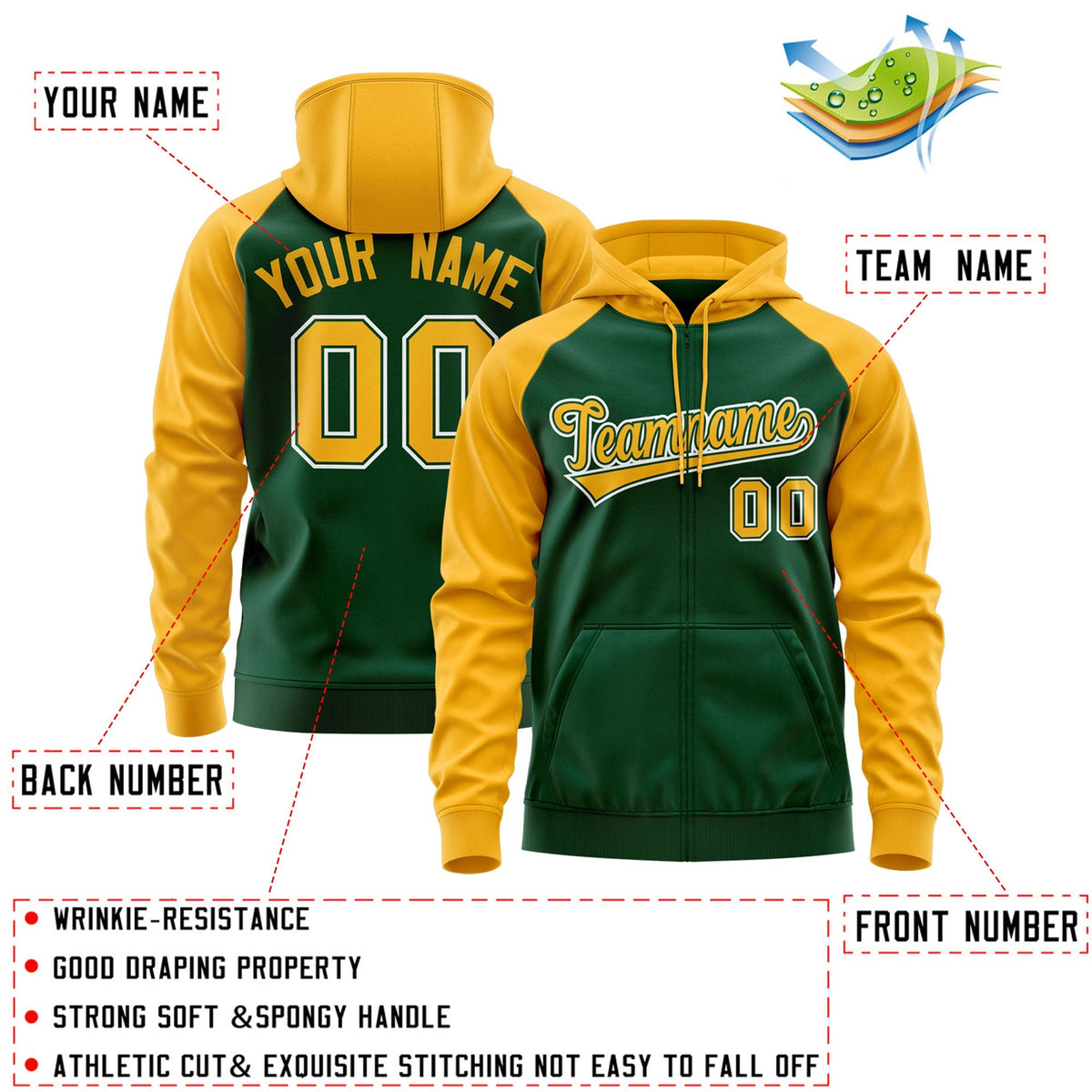 Custom Stitched Green Gold-White Raglan Sleeves Sports Full-Zip Sweatshirt Hoodie| KXKSHOP