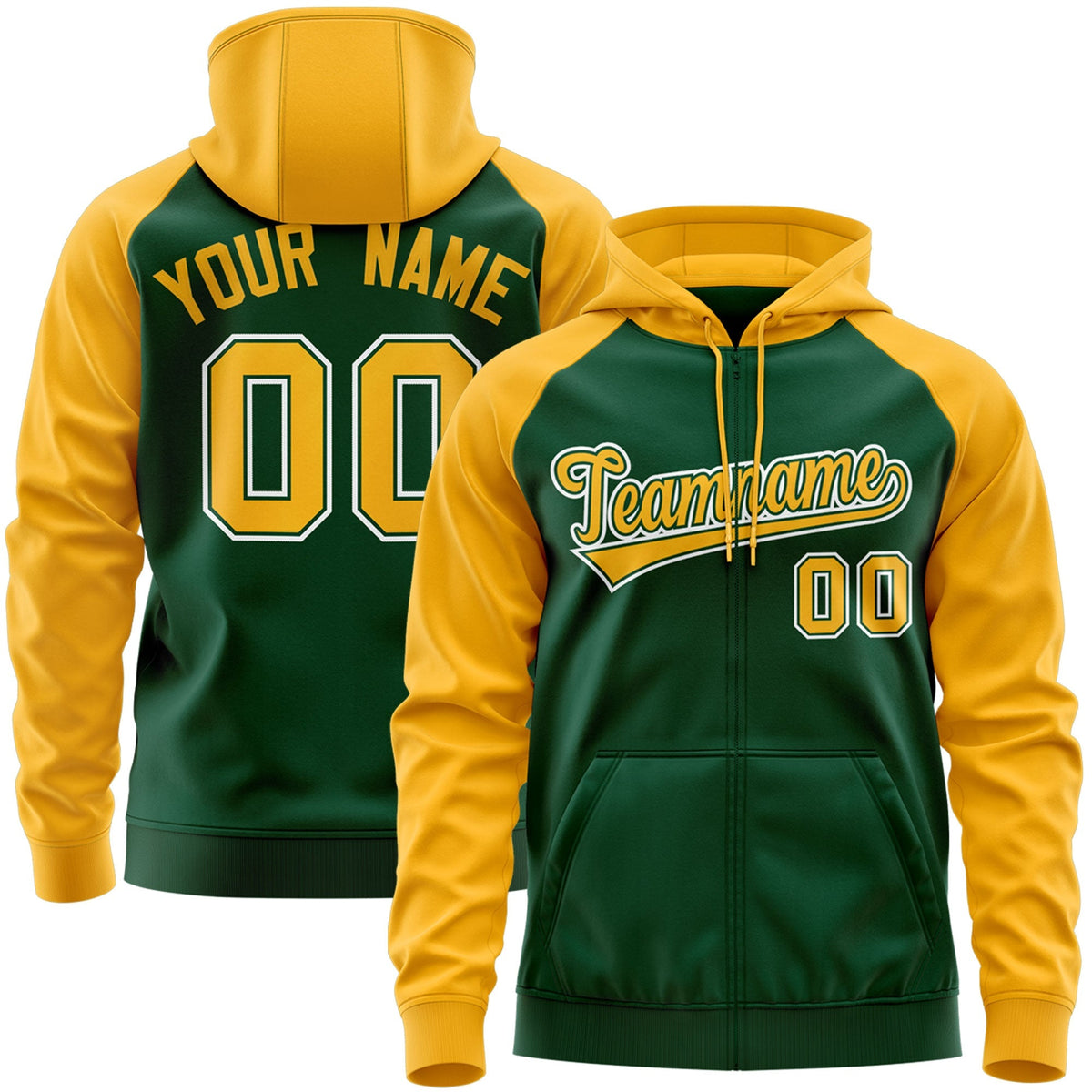Custom Stitched Green Gold-White Raglan Sleeves Sports Full-Zip Sweatshirt Hoodie| KXKSHOP