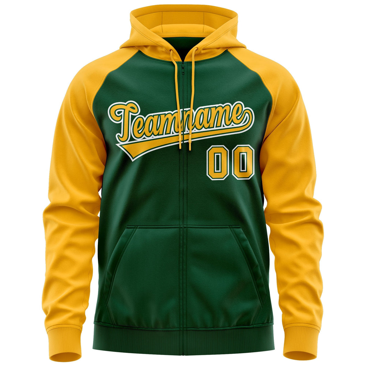 Custom Stitched Green Gold-White Raglan Sleeves Sports Full-Zip Sweatshirt Hoodie| KXKSHOP