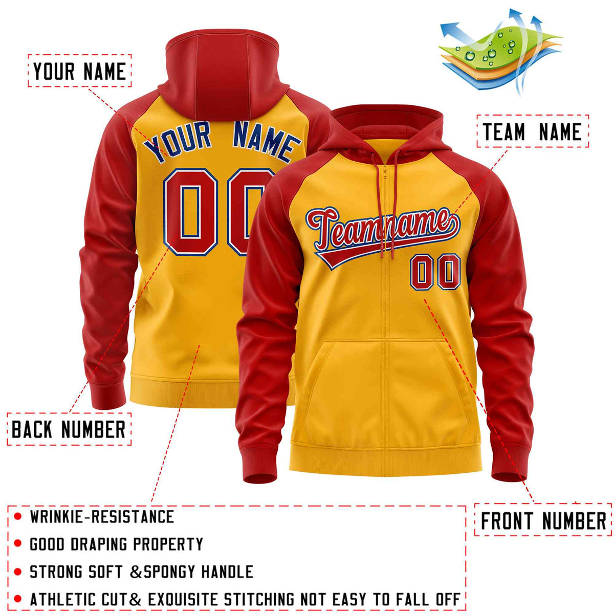 Custom Stitched Gold Red Raglan Sleeves Sports Full-Zip Sweatshirt Hoodie| KXKSHOP