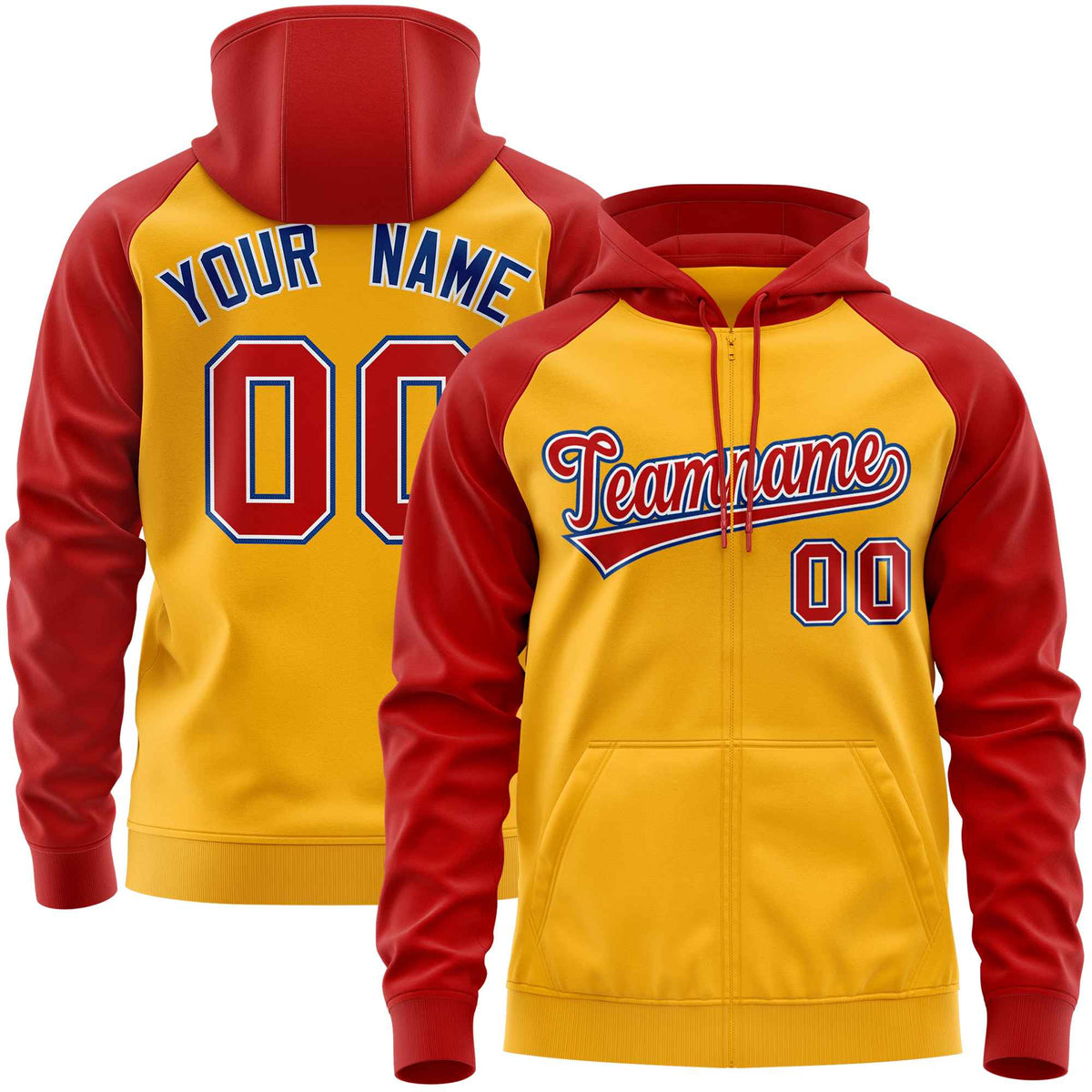 Custom Stitched Gold Red Raglan Sleeves Sports Full-Zip Sweatshirt Hoodie| KXKSHOP