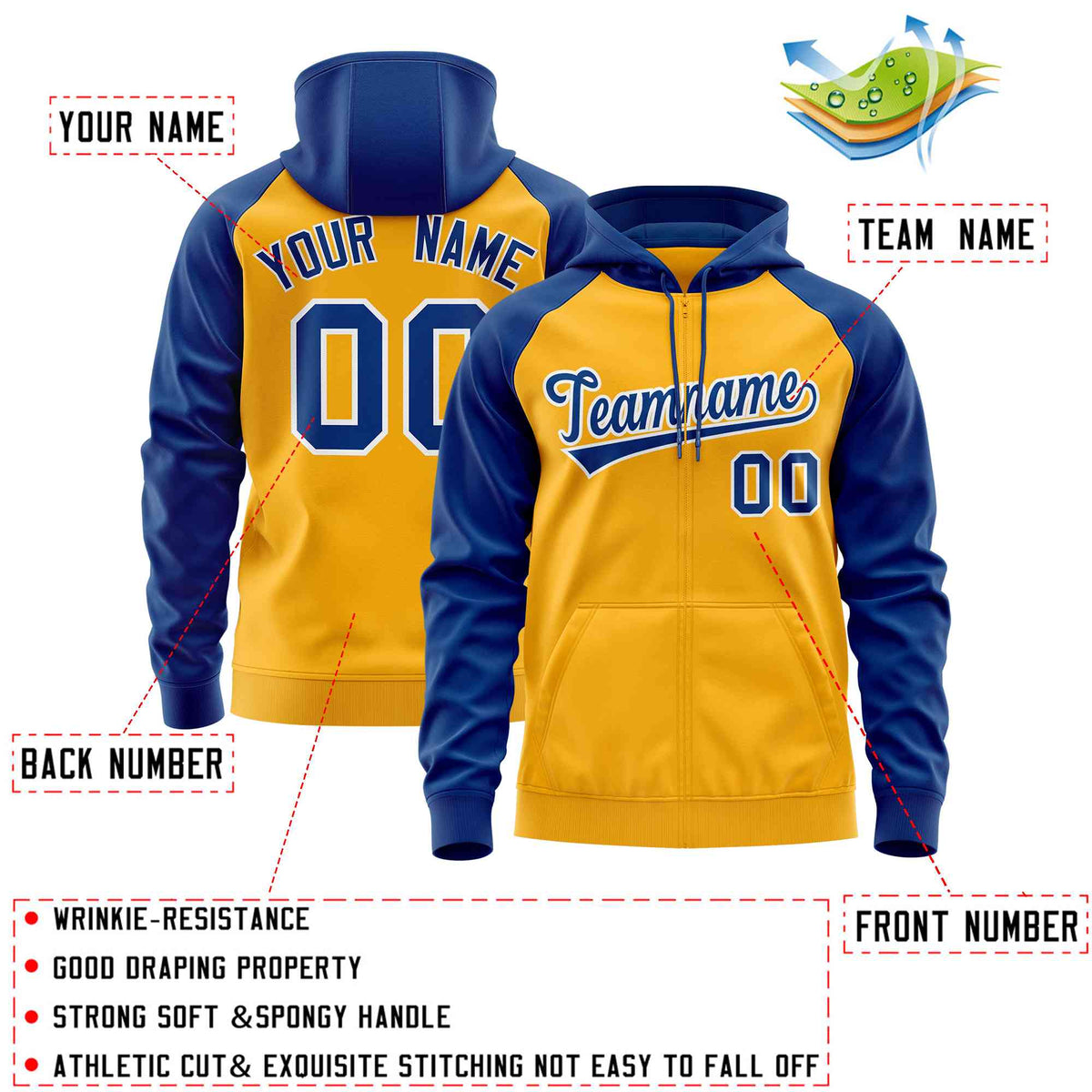 Custom Stitched Gold Royal Raglan Sleeves Sports Full-Zip Sweatshirt Hoodie| KXKSHOP