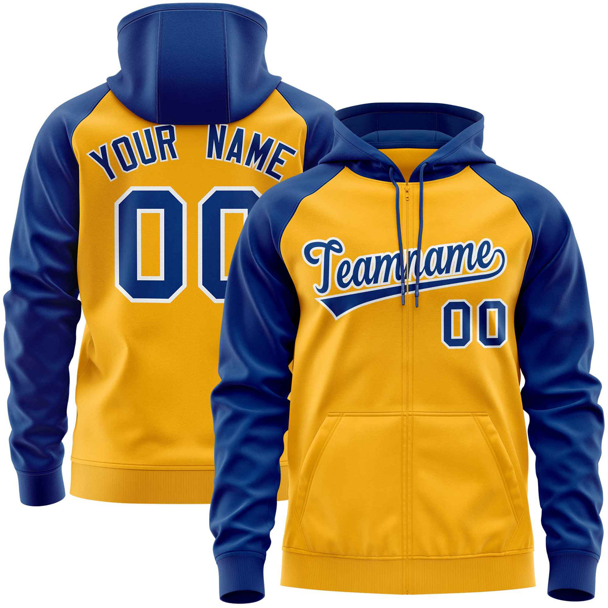 Custom Stitched Gold Royal Raglan Sleeves Sports Full-Zip Sweatshirt Hoodie| KXKSHOP