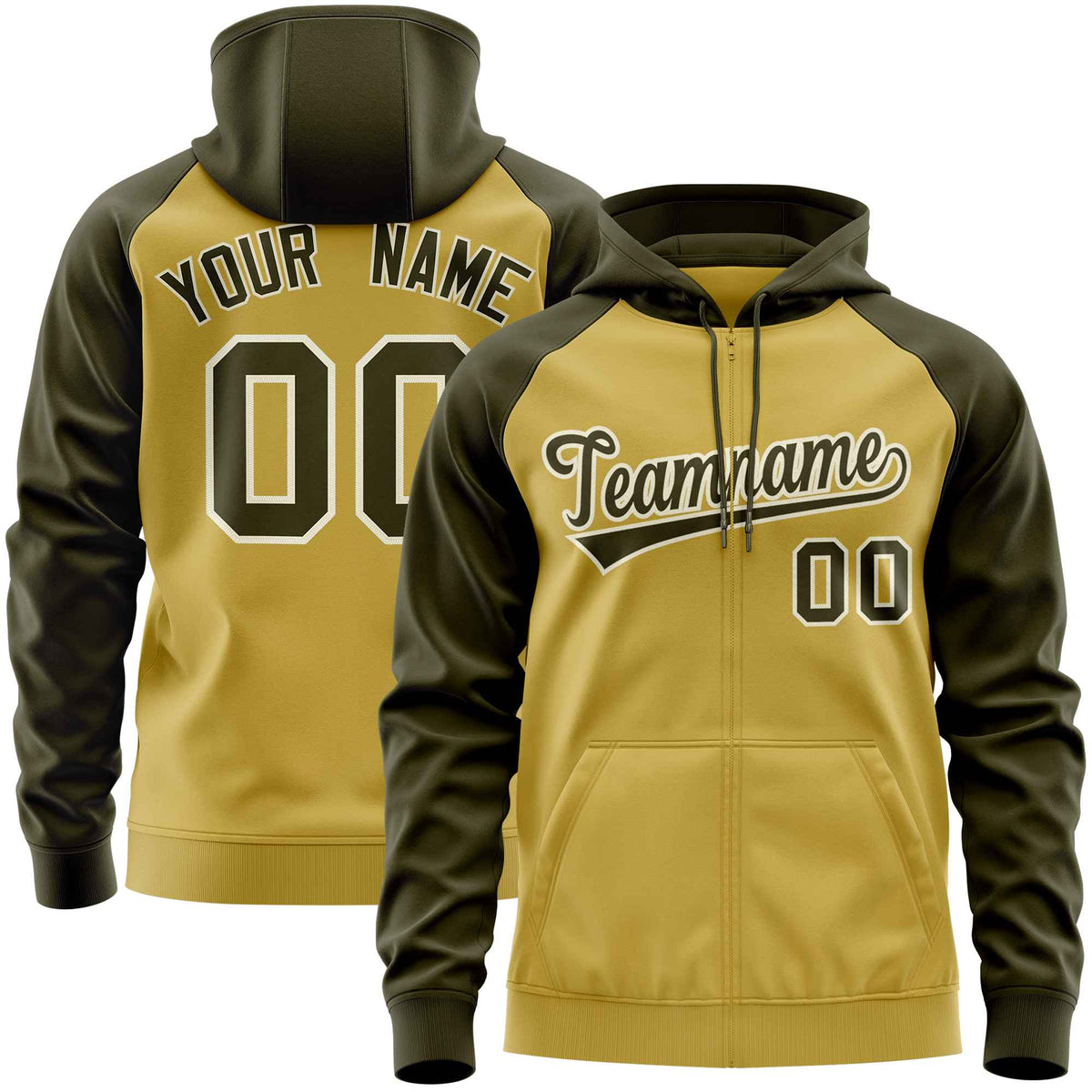 Custom Stitched Old Gold Olive Raglan Sleeves Sports Full-Zip Sweatshirt Hoodie| KXKSHOP