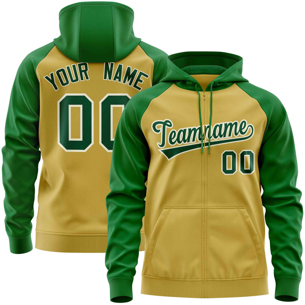 Custom Stitched Old Gold Kelly Green Raglan Sleeves Sports Full-Zip Sweatshirt Hoodie| KXKSHOP
