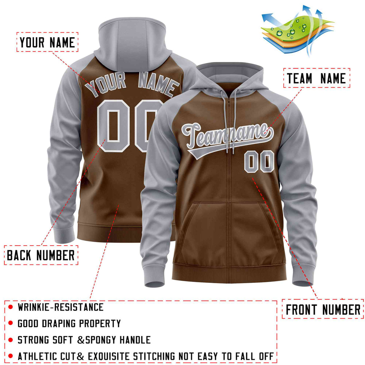 Custom Stitched Light Brown Light Gray Raglan Sleeves Sports Full-Zip Sweatshirt Hoodie| KXKSHOP