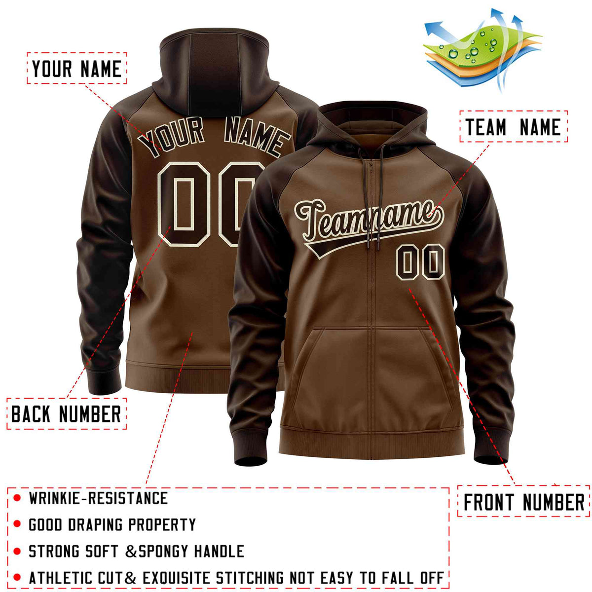 Custom Stitched Light Brown Brown Raglan Sleeves Sports Full-Zip Sweatshirt Hoodie| KXKSHOP